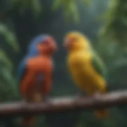 Colorful pet birds perched on a branch
