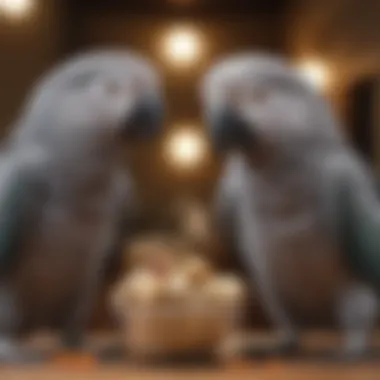 Bonding Through Nutrition A happy gray parrot being hand-fed a nutritious treat, demonstrating the bond between the bird and its owner.