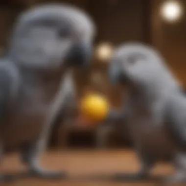 Close-up of a gray parrot interacting playfully with a toy, emphasizing its intelligence and curiosity.