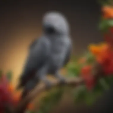 A vibrant African Grey parrot perched on a colorful branch, showcasing its striking feathers.