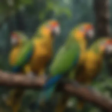 A diverse group of Amazon parrots in a natural habitat