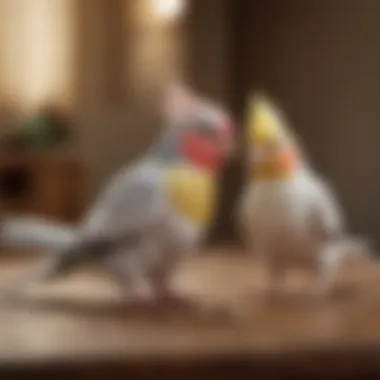 A serene scene of a cockatiel interacting playfully with its owner