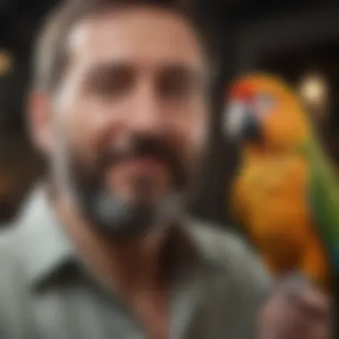 An owner interacting playfully with their parrot