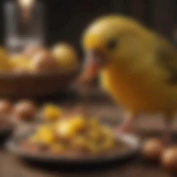 A close-up of a canary eating a nutritious seed mix, highlighting its dietary needs.