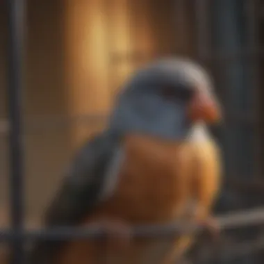 A close-up of a birdcage with a sick bird inside, highlighting health concerns.