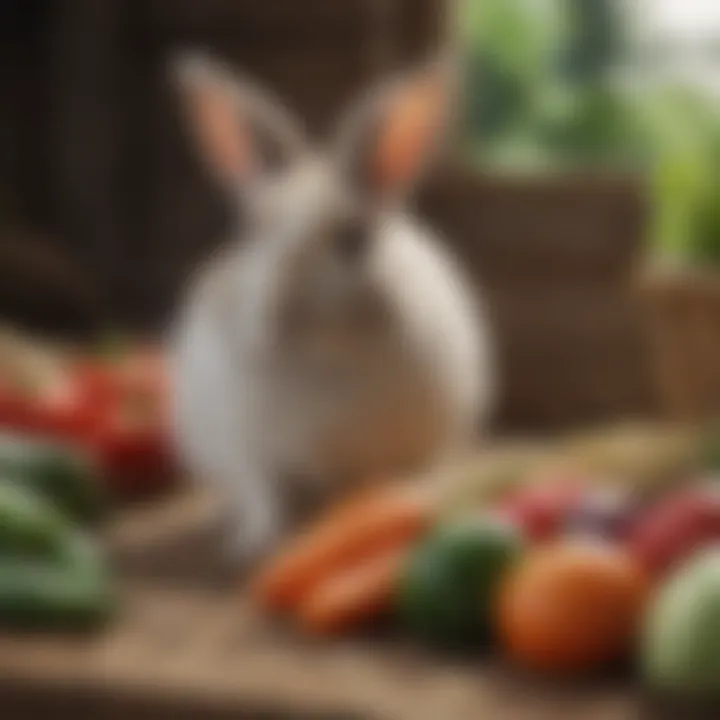 Healthy selection of fresh vegetables and hay for rabbits.