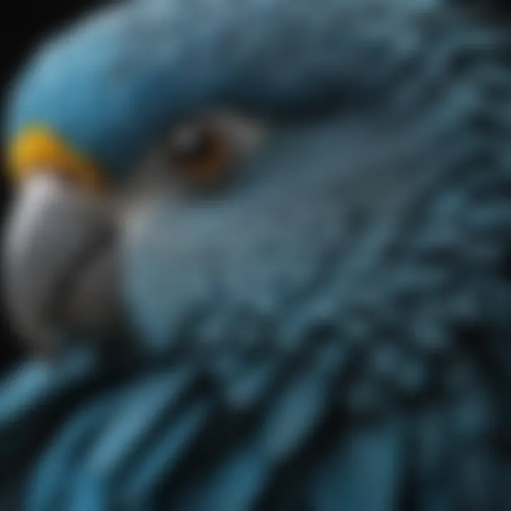 A close-up of a blue parakeet's vibrant feathers