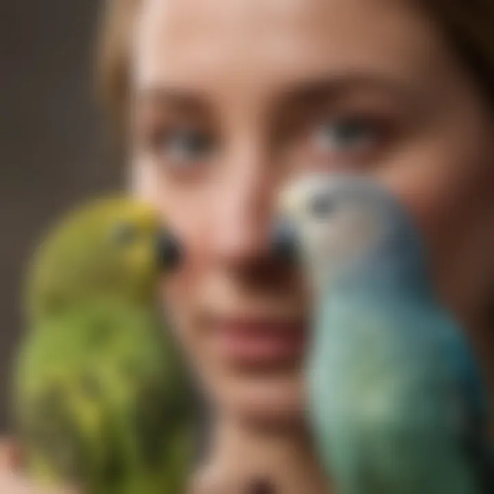 A close-up of a budgerigar interacting playfully with its owner