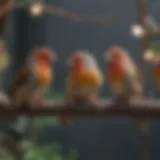 Diverse finch species perched on aviary mesh