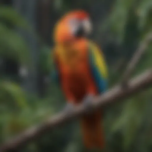 A colorful parrot perched on a branch, showcasing its vibrant feathers