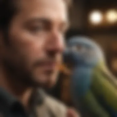 A close-up of a bird owner engaging with their pet bird, highlighting the bond between them