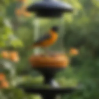 A well-placed Baltimore Oriole feeder in a lush garden setting.