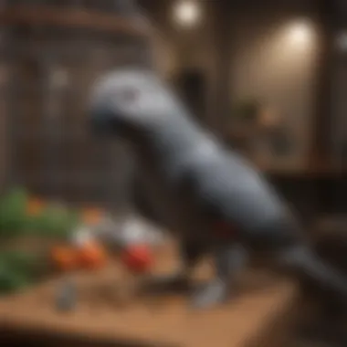 African Grey parrot happily exploring its enriched cage environment