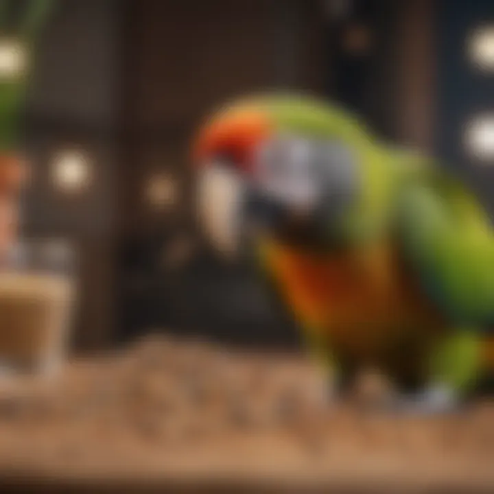 A parrot happily eating from a bowl of high-quality pellets