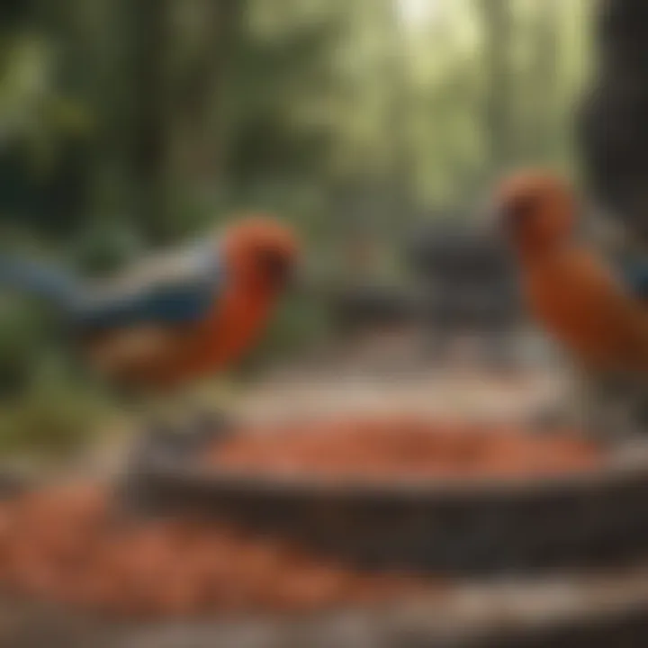 Birds enjoying their nutritious pellets in a colorful feeding station