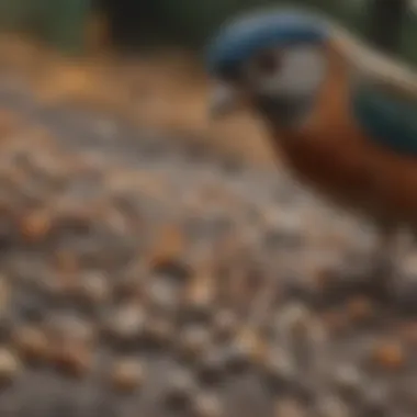 Different species of birds gathered around their preferred pellet types