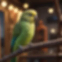 Vibrant budgerigar perched in a colorful aviary.