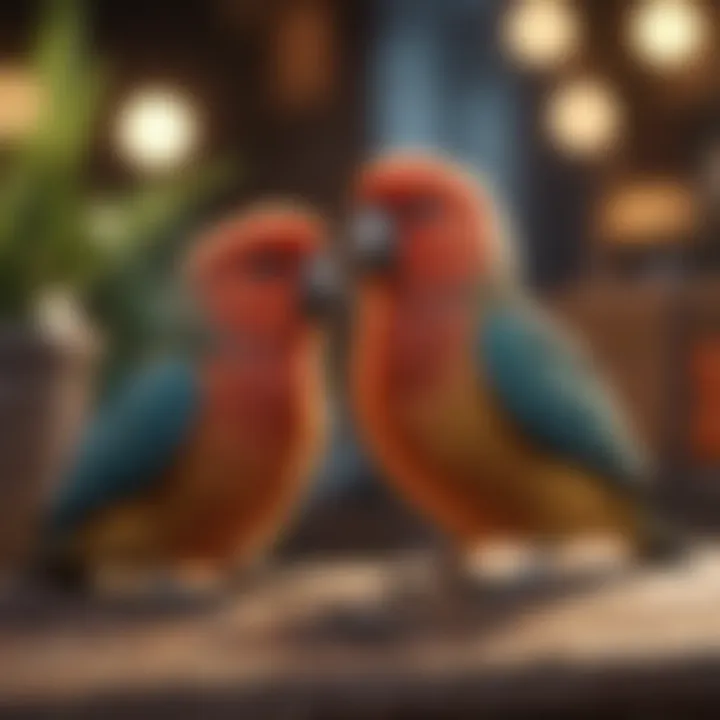 Lovebirds interacting playfully in a cozy setting.