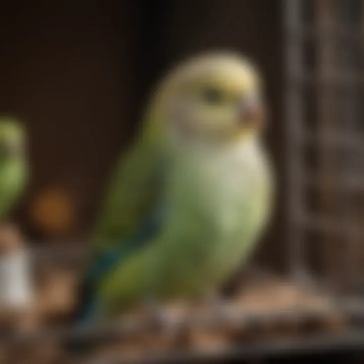 A gentle budgerigar nestled in a cozy cage, representing an ideal quiet pet bird.