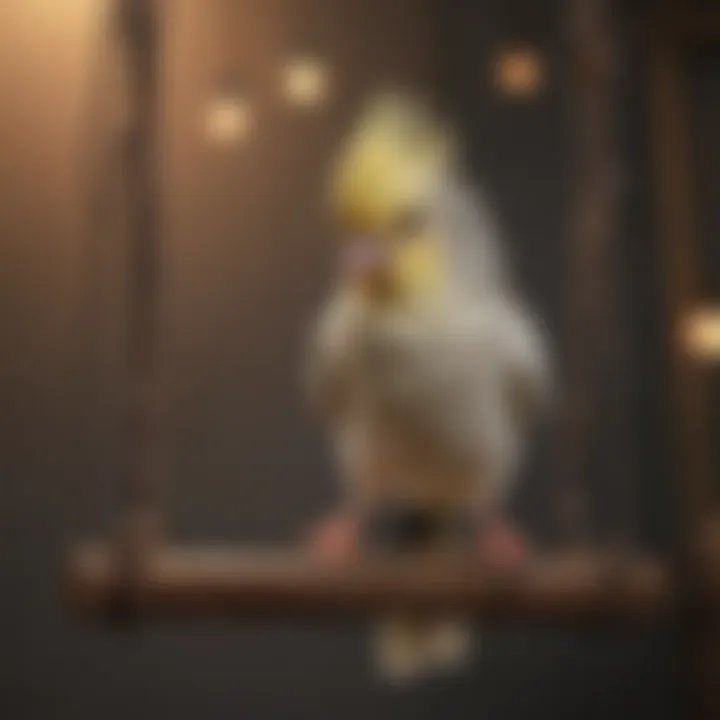 A cockatiel performing playful jumps on a swing within its cage.