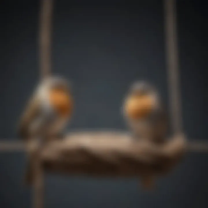 Bird perched on a rope inside a spacious bird cage