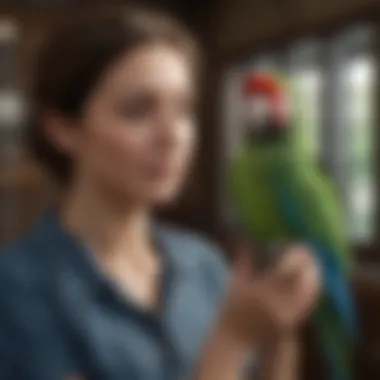 A caring caretaker interacting with a parrot in a boarding setting.