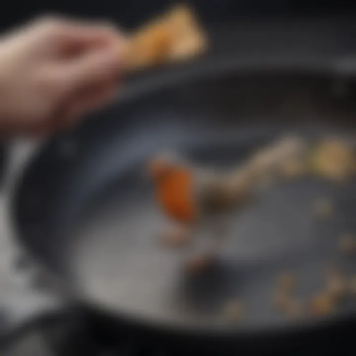 Close-up of a bird safe frying pan made from stainless steel.