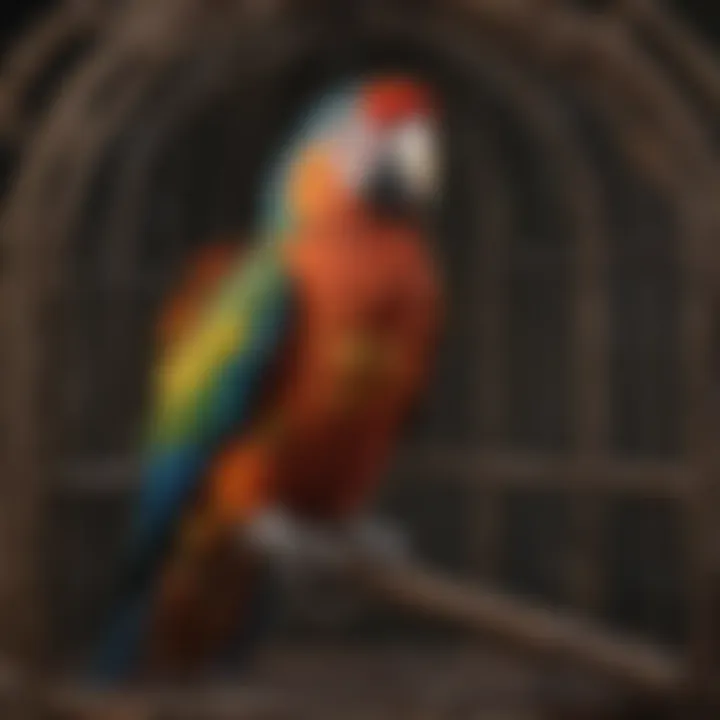 A vibrant parrot perched inside an ornate cage, showcasing its colorful plumage.