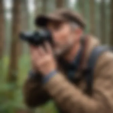 A birdwatcher using binoculars while listening attentively to bird calls in a forest.