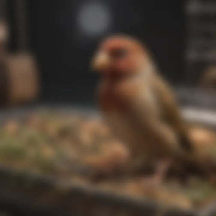 Close-up of essential accessories within a finch breeding cage, including nesting materials.