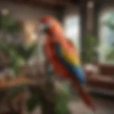 A vibrant parrot perched on a branch in a lush living room environment.