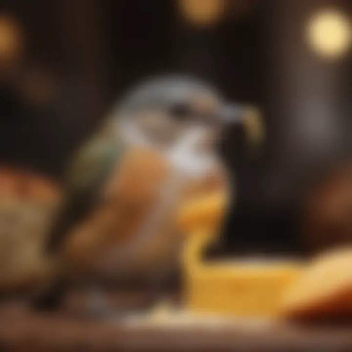 A close-up of a bird enjoying a small piece of cheese