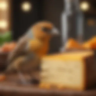 Nutritional information displayed alongside a piece of cheese and a bird