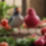 A vibrant display of fresh radishes next to colorful pet birds