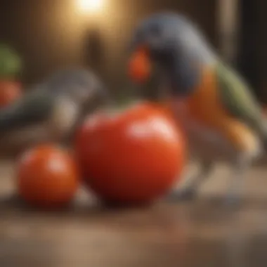 A pet bird curiously inspecting a piece of tomato, highlighting natural behavior.