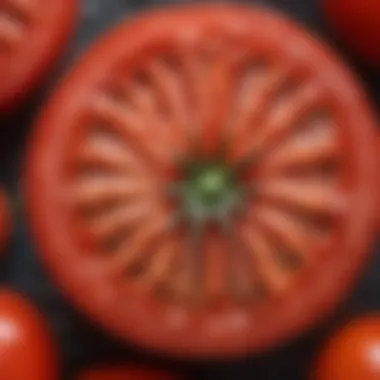 Close-up of a tomato slice, showcasing its texture and color.