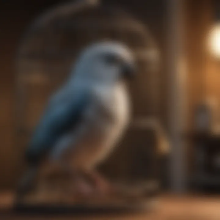 Close-up of a birdcage with a pet bird inside, highlighting its living environment.