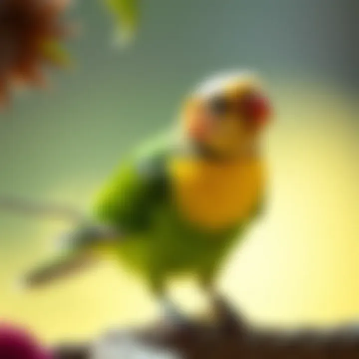 A serene scene of a bird enjoying playtime with toys