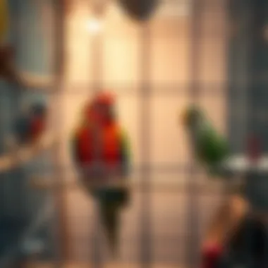A cozy bird cage with toys and perches inside for enrichment