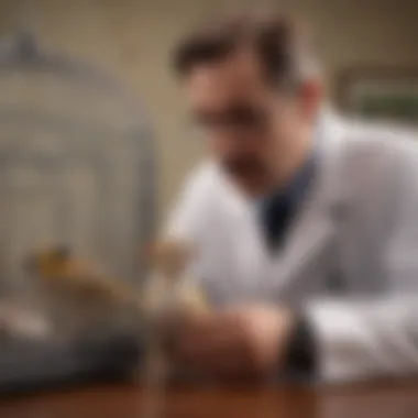 A veterinarian examining a dog with a bird cage in the background, showcasing pet health care.