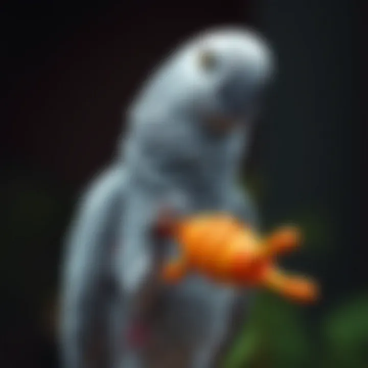 Curious African Grey Playing A playful African grey parrot engaging with a toy, illustrating its curious nature.