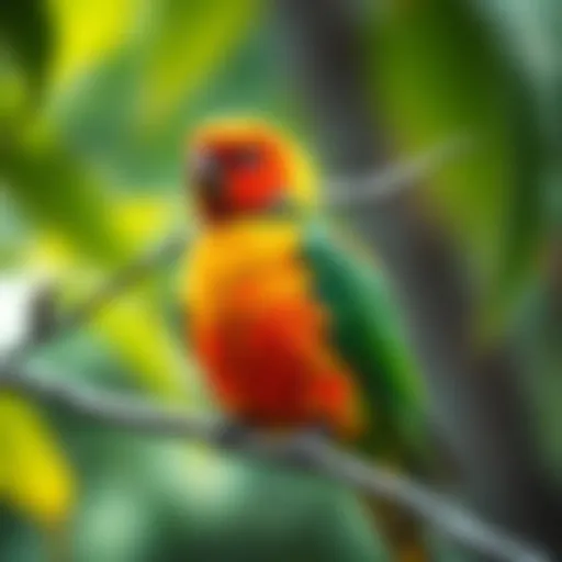 A colorful parakeet perched elegantly on a branch, showcasing its vibrant plumage.