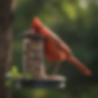 A vibrant cardinal perched on a bird feeder