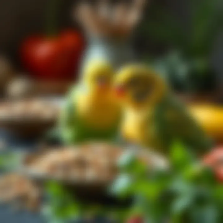 Nourishing Parakeet Diet Essentials A variety of seeds and fresh vegetables for parakeet nutrition.