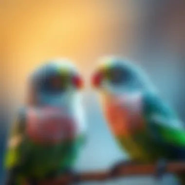 Socialization in Parakeets Two parakeets interacting and socializing with each other.