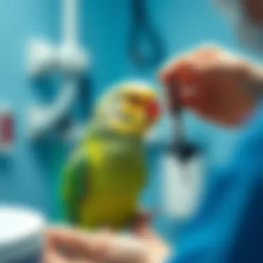 Health Check for Parakeets A healthy parakeet being examined by a veterinarian.