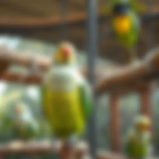 A vibrant parakeet perched in a spacious aviary.