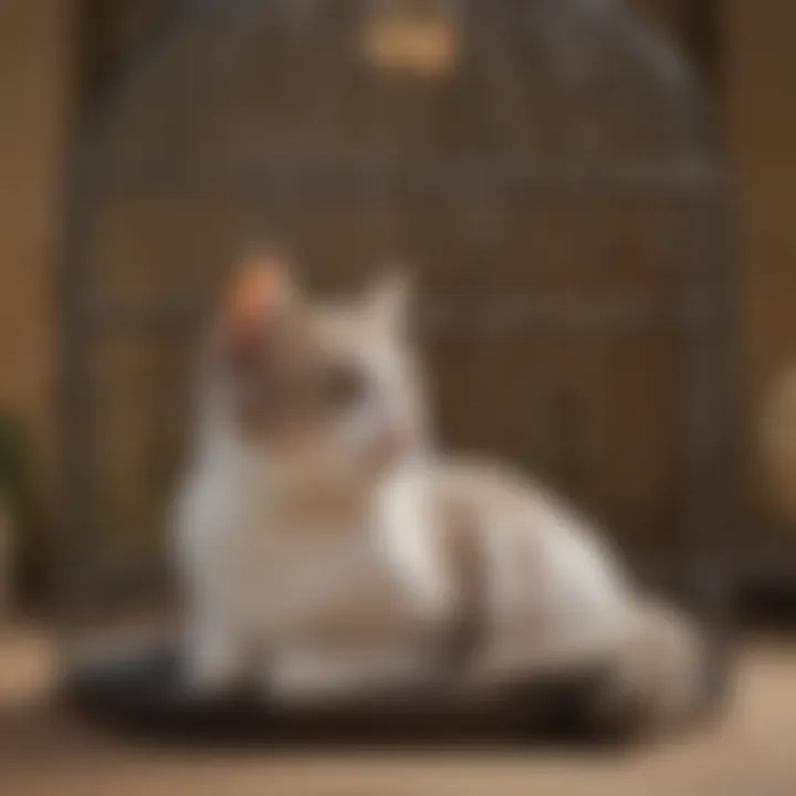 A serene moment of a cat comfortably resting beside a birdcage.