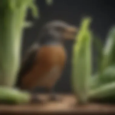 A pet bird exploring a piece of celery