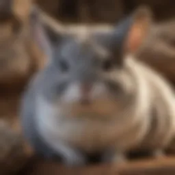 A chinchilla lounging in its habitat, showcasing its soft fur and unique features.